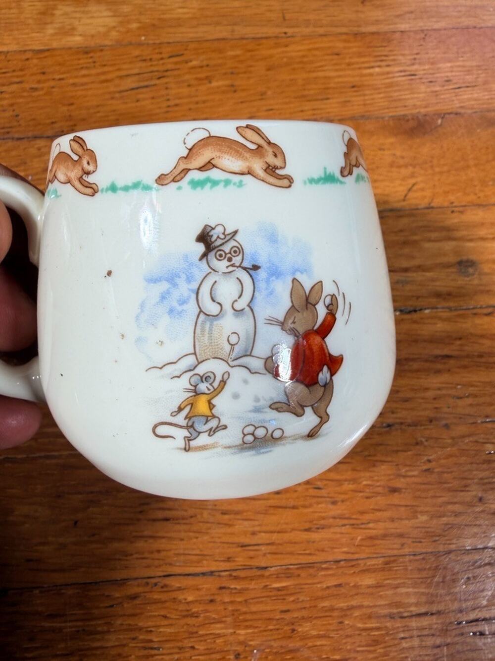 Royal Doulton BUNNYKINS Fine Bone China 8 Oz Cup Mug Snowman Sledding Snowball